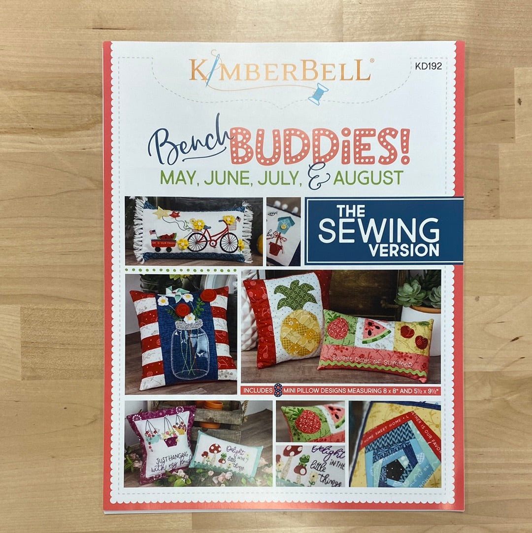 Bench Buddies is the petite pillow series designed by Kimberbell to beautifully match the popular Bench Pillow patterns. Make the Bench Buddies with fabrics to compliment a larger Bench Pillow or use them individually on a chair or shelf for an instant holiday or seasonal decoration. Each bench buddy pattern includes two designs, one to fit an 8” square and another to fit a 9½ x 5½” rectangle pillow form, for each of the 4 months of holidays or seasons. Photo features May-Aug Product cover.