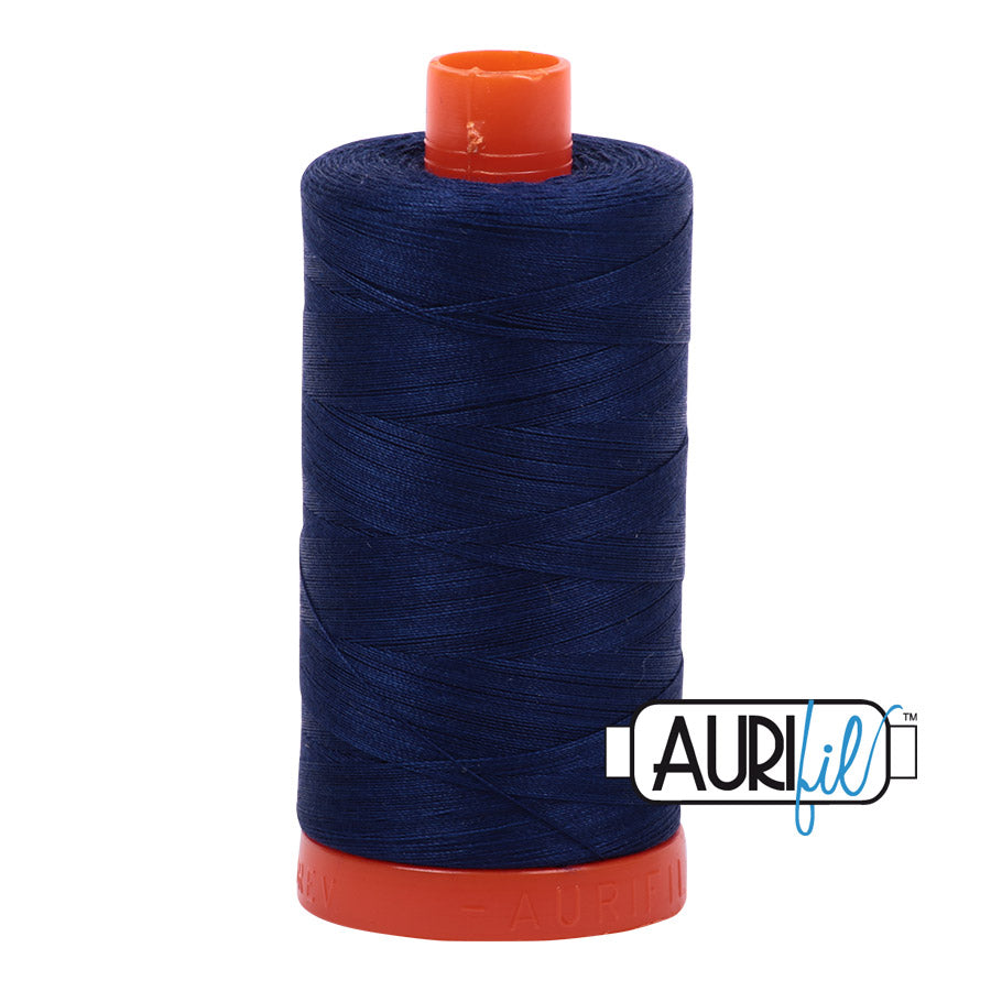 Aurifil 50 wt. cotton thread offers versatility, strength, and radiant color with very little lint on each 1,422 yard large spool.
