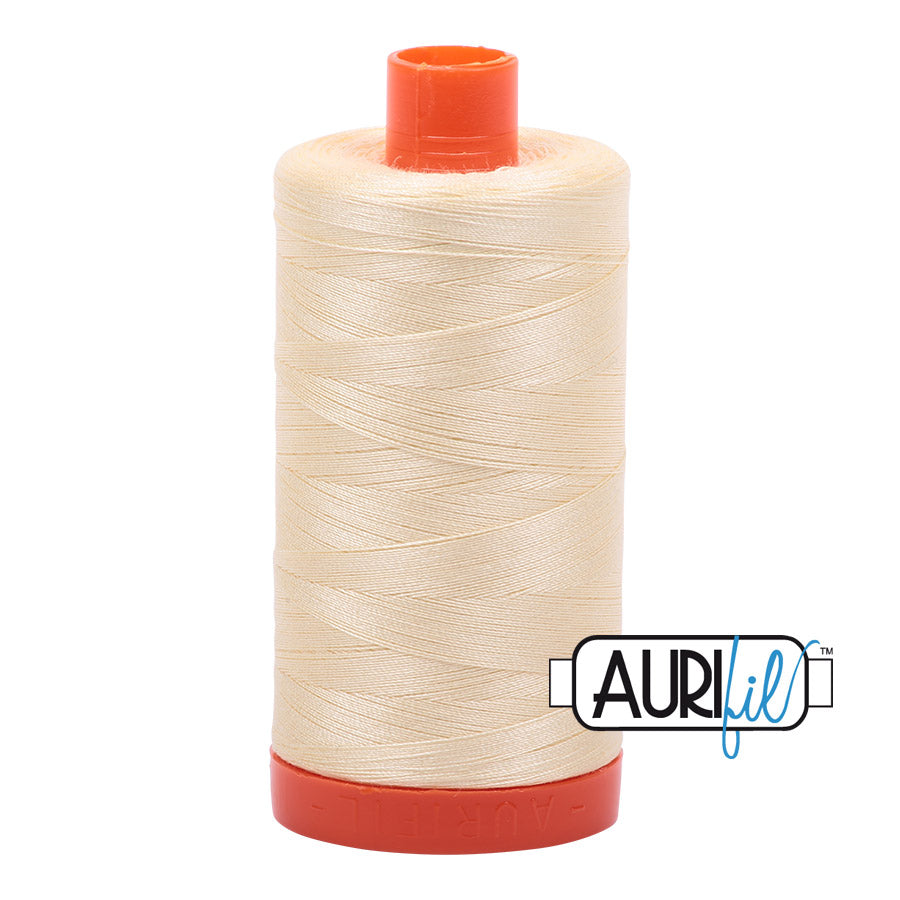 Aurifil 50 wt. cotton thread offers versatility, strength, and radiant color with very little lint on each 1,422 yard large spool.