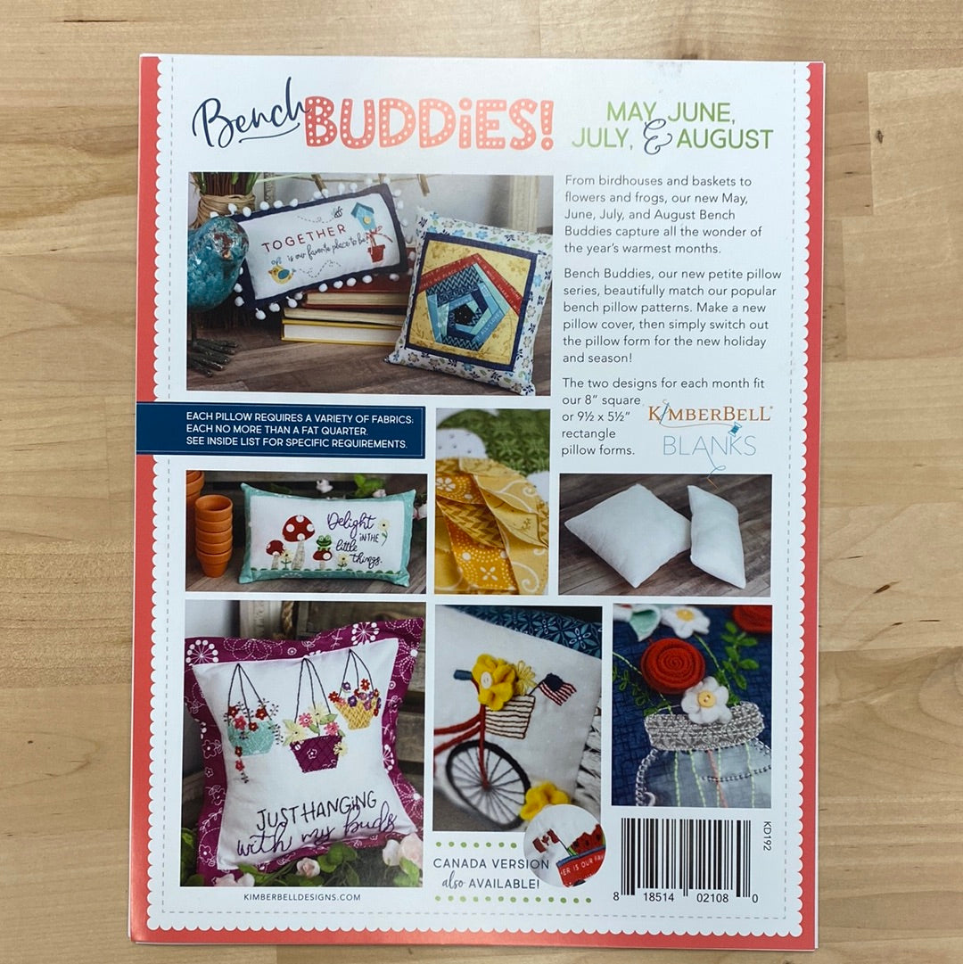 Bench Buddies is the petite pillow series designed by Kimberbell to beautifully match the popular Bench Pillow patterns. Make the Bench Buddies with fabrics to compliment a larger Bench Pillow or use them individually on a chair or shelf for an instant holiday or seasonal decoration. Each bench buddy pattern includes two designs, one to fit an 8” square and another to fit a 9½ x 5½” rectangle pillow form, for each of the 4 months of holidays or seasons. Photo shows May-Aug Product back