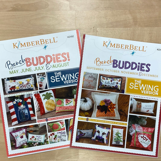 Bench Buddies is the petite pillow series designed by Kimberbell to beautifully match the popular Bench Pillow patterns. Make the Bench Buddies with fabrics to compliment a larger Bench Pillow or use them individually on a chair or shelf for an instant holiday or seasonal decoration. Each bench buddy pattern includes two designs, one to fit an 8” square and another to fit a 9½ x 5½” rectangle pillow form, for each of the 4 months of holidays or seasons. Photo shows both product covers.