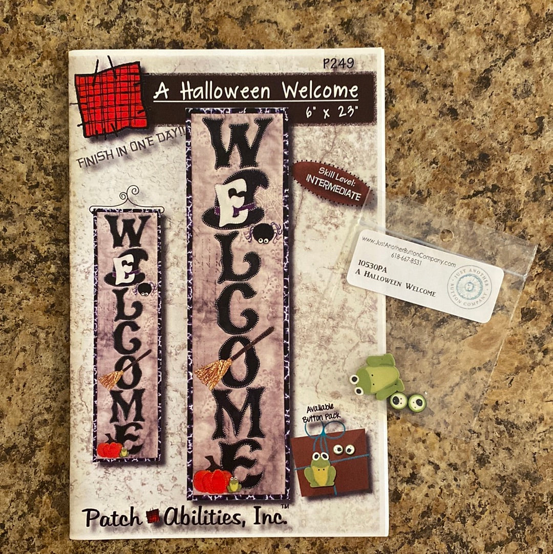Add a spooky touch to your home with the Halloween Welcome with Buttons (P249B) by PatchAbilities! With a frog, spider, pumpkin, and broom, this fun and easy project is sure to get all the frightful fun of Halloween. Photo shows the front of the pattern with included frog and eyeball buttons.