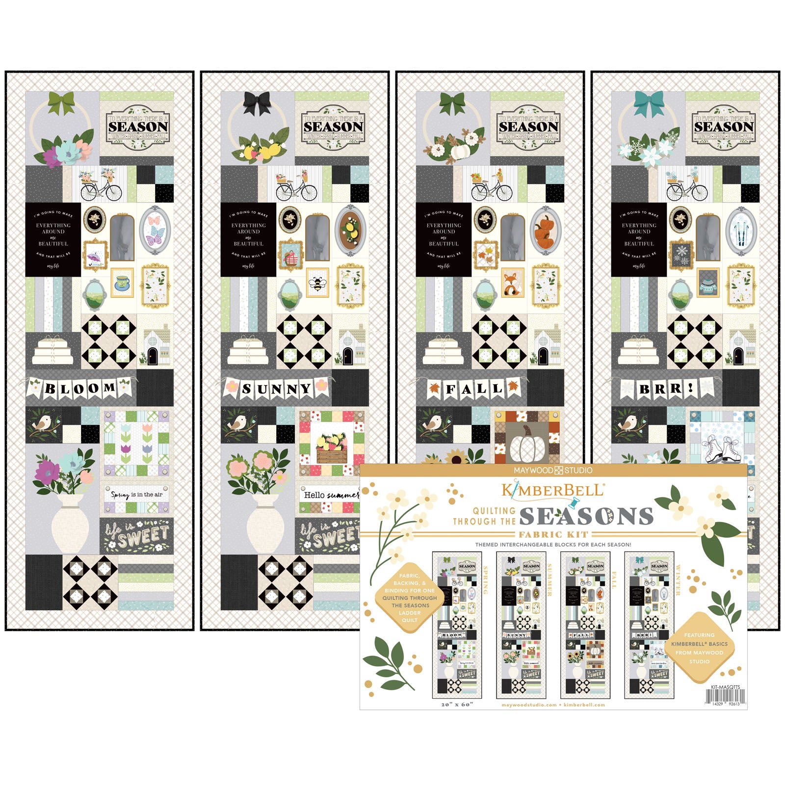 Quilting Through the Seasons Fabric Kit includes all of the fabric, backing, and binding for making one ladder quilt with themed and interchangeable blocks for each season. One quilt with many possibilities! Photo shows the collectible fabric box and a view of each seasonal quilt.