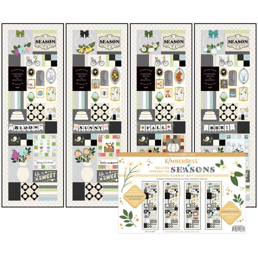 Quilting Through the Seasons Fabric Kit includes all of the fabric, backing, and binding for making one ladder quilt with themed and interchangeable blocks for each season. One quilt with many possibilities! Photo shows the collectible fabric box and a view of each seasonal quilt.