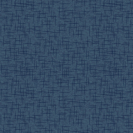 Linen texture in navy is part of the Kimberbell Basics line designed by Kimberbell for Maywood Studio. This fabric features navy tone on tone linen texture, making it the perfect blender to use in any quilting project. The photo is a swatch that shows the detail of the tone on tone hash mark detail.