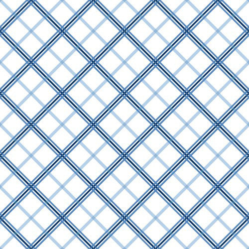 Designed by Kimberbell for Maywood Studio, this plaid in blue on a white background is part of the Kimberbell Basics line . The fabric features shades of blue that look like they are woven into an open plaid pattern. The photo shows a swatch of the fabric.