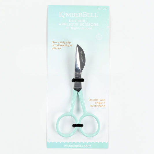 Kimberbell Duckbill Scissors with a mint handles in packaging on a white background