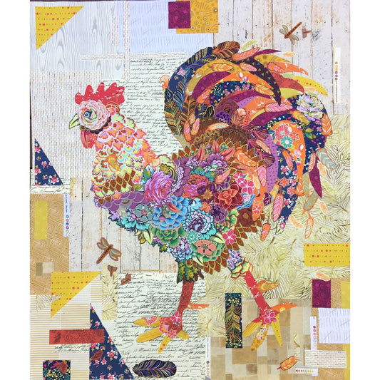 Be the cock of the walk with the Doodle-Doo Collage Pattern by Laura Heine! This fabric collage pattern features a handsome rooster in his finest strut, giving your sewing project a unique and fun-loving flair! The photo shows the completed project.