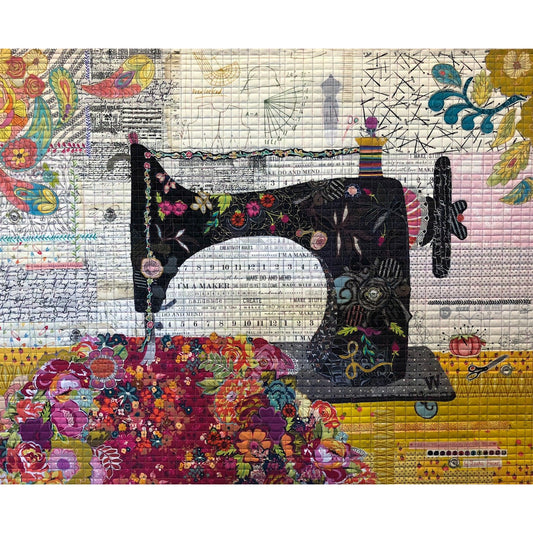 Create a unique quilt with this featherweight collage pattern by Laura Heine! The photo shows the finished project of a black featherweight stitching a floral fabric .