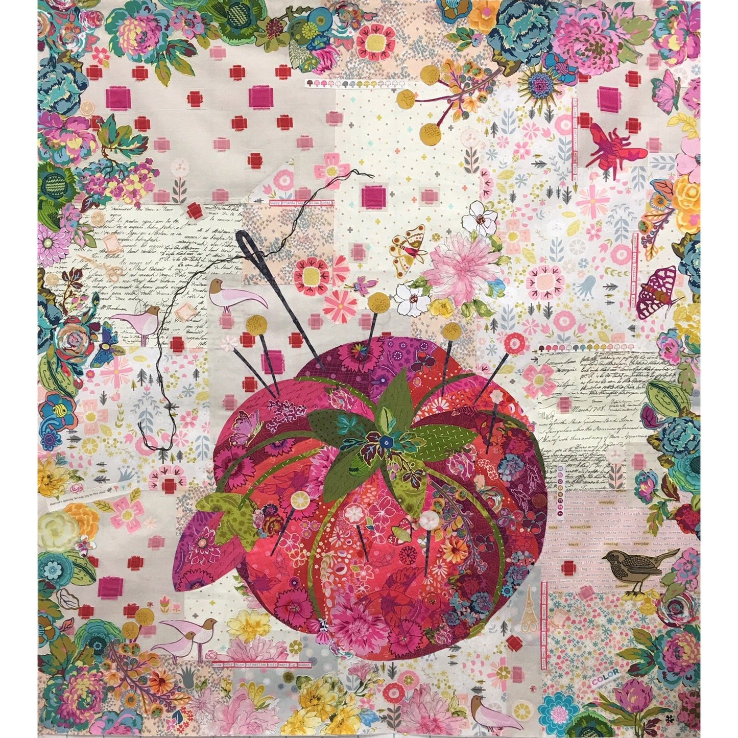 Applique this lovable tomato pincushion and add a nostalgic bit of whimsy to your sewing station! With the Pincushion Collage Pattern by Laura Heine, make a unique piece worthy of its own place in your craft room gallery! The photo is of the completed project with a tomato pincushion with pins, a needle, and bordered with flowers.
