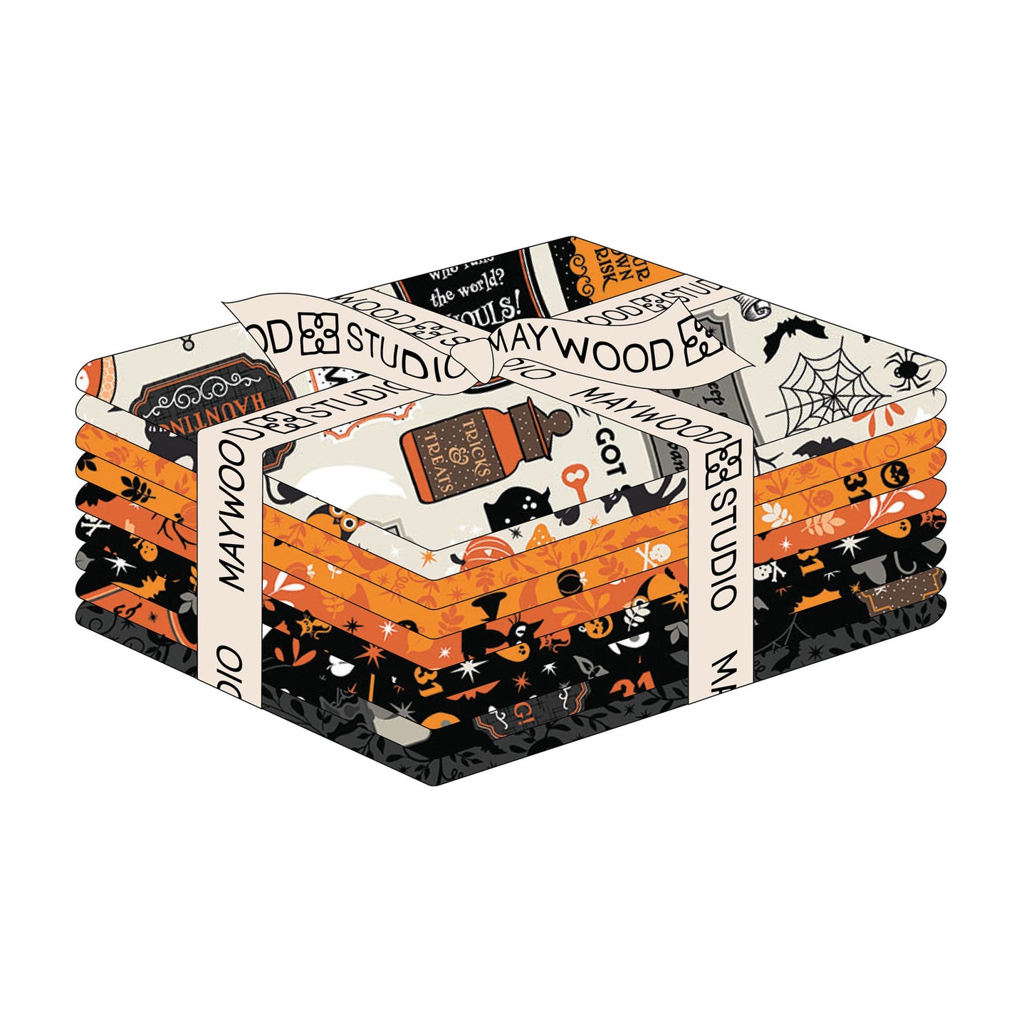 The Pumpkin and Potions Fat Quarter Bundle (FQ-MASPUPO) features 9 fat quarters, one of each design, from the Pumpkin and Potions line by Kimberbell for Maywood Studio. This Halloween themed bundle features pumpkins, witch hats, ghosts, cats, spiders and more. Photo shows the bundle of the designs.