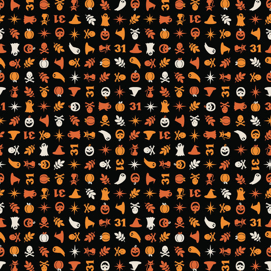 The Halloween Charms print in black (MAS10573-J) from the Pumpkin and Potions line by Kimberbell for Maywood Studio features pumpkins, witch hats, ghosts, cats, spiders and more. Photo shows details of the designs.