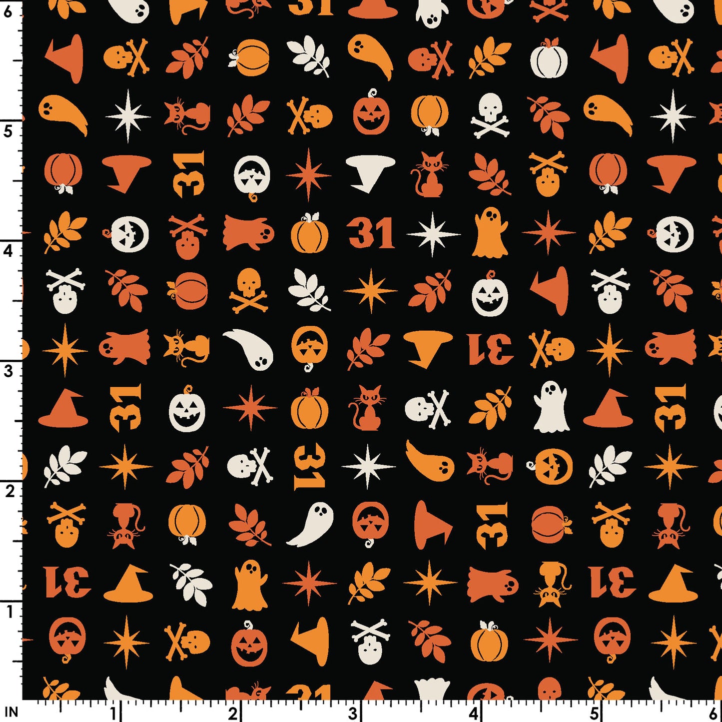 The Halloween Charms print in black (MAS10573-J) from the Pumpkin and Potions line by Kimberbell for Maywood Studio features pumpkins, witch hats, ghosts, cats, spiders and more. Photo shows details of the designs with a ruler to show the scale.