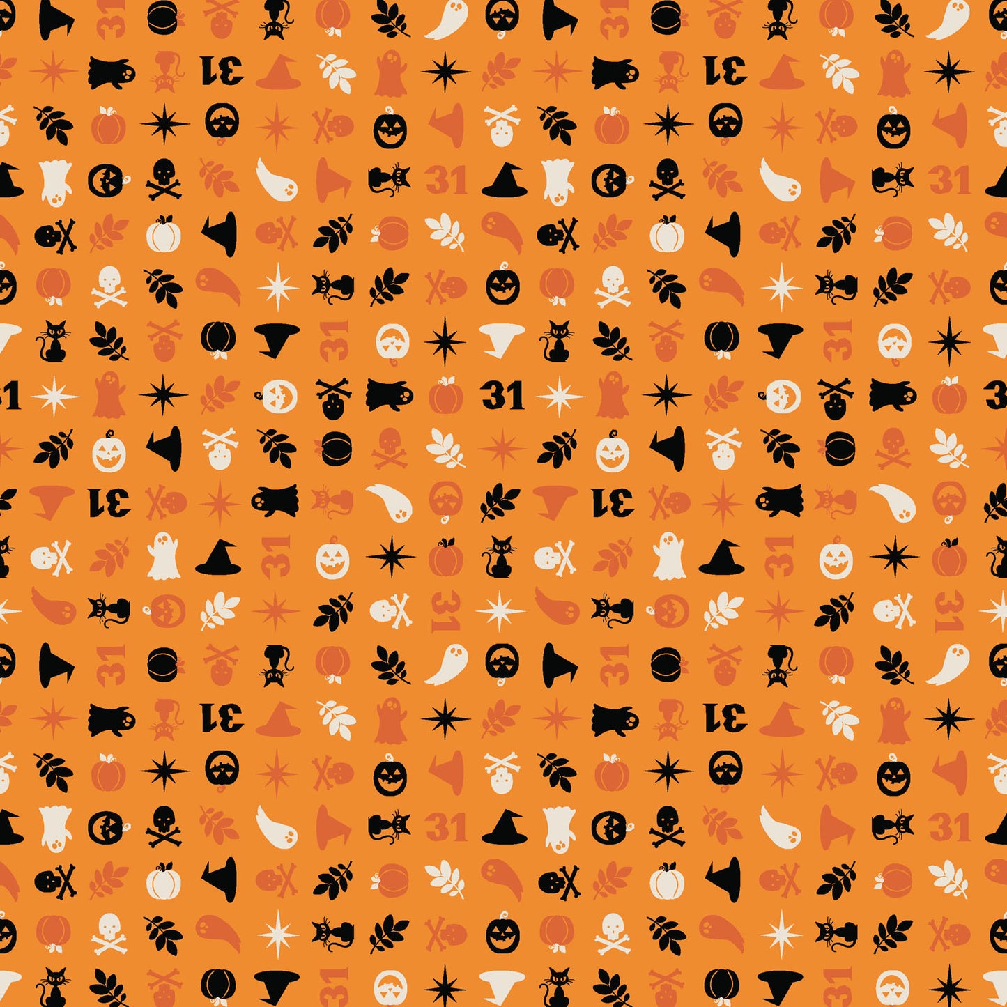 The Halloween Charms print in orange (MAS10573-O) from the Pumpkin and Potions line by Kimberbell for Maywood Studio features pumpkins, witch hats, ghosts, cats, spiders and more. Photo shows details of the designs.
