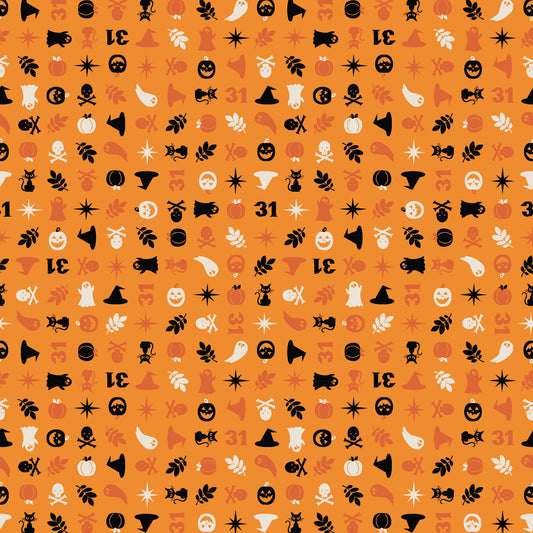 The Halloween Charms print in orange (MAS10573-O) from the Pumpkin and Potions line by Kimberbell for Maywood Studio features pumpkins, witch hats, ghosts, cats, spiders and more. Photo shows details of the designs.