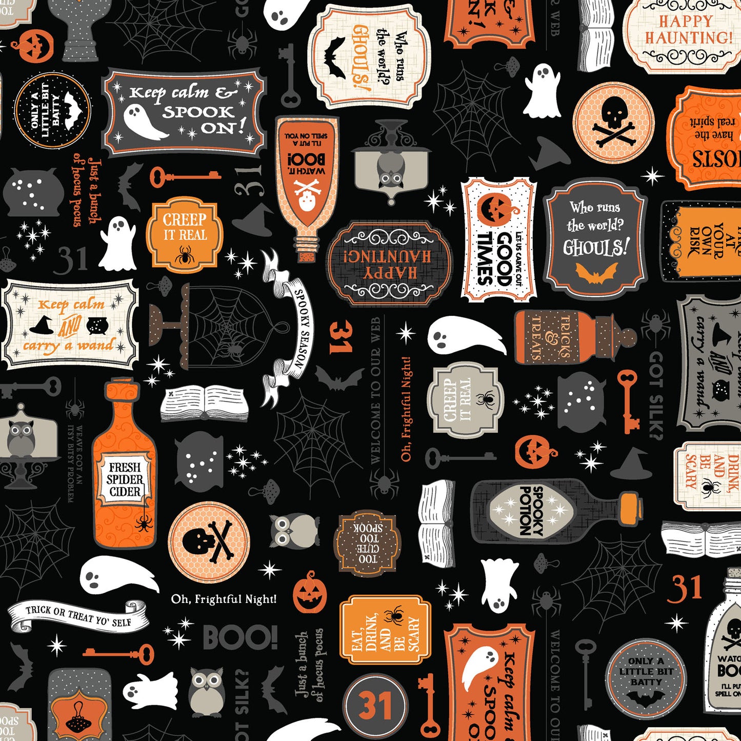 The Potions print on a black background (MAS10570-J) from the Pumpkin and Potions line by Kimberbell for Maywood Studio features elixir bottles, warning signs, ghosts, spiderwebs, and more. Photo shows details of the designs.