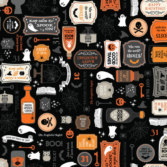 The Potions print on a black background (MAS10570-J) from the Pumpkin and Potions line by Kimberbell for Maywood Studio features elixir bottles, warning signs, ghosts, spiderwebs, and more. Photo shows details of the designs.