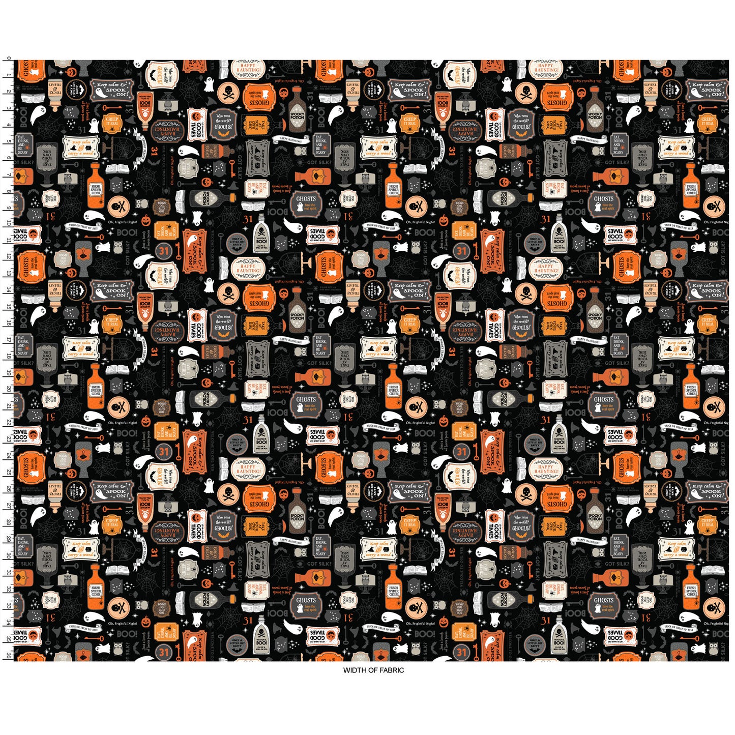 The Potions print on a black background (MAS10570-J) from the Pumpkin and Potions line by Kimberbell for Maywood Studio features elixir bottles, warning signs, ghosts, spiderwebs, and more. Photo shows orientation of the designs selvedge to selvedge.