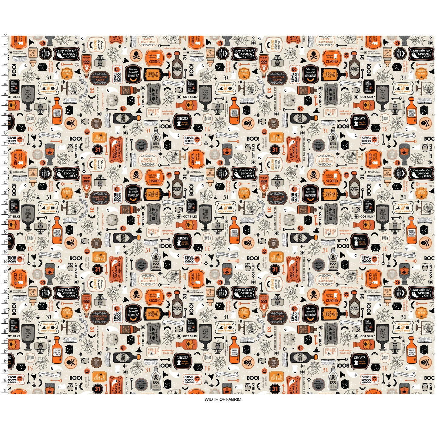 The Potions print on a cream background (MAS10570-E) from the Pumpkin and Potions line by Kimberbell for Maywood Studio features elixir bottles, warning signs, ghosts, spiderwebs, and more. Photo shows orientation of the designs selvedge to selvedge.