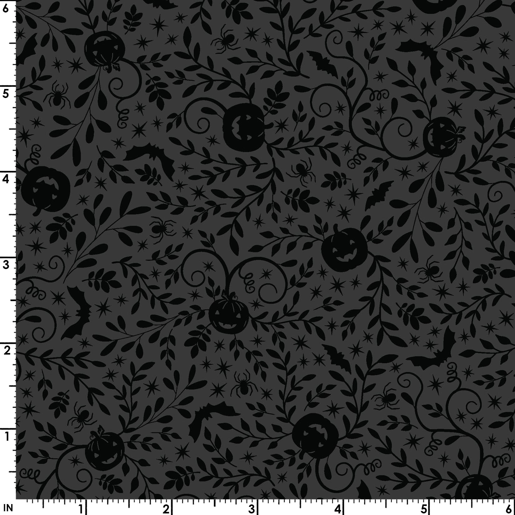 The Pumpkin Vines in black (MAS10572-J) print from the Pumpkin and Potions line by Kimberbell for Maywood Studio features tone on tone pumpkins, bats, and more. Photo shows details of the designs with a ruler to show the scale.