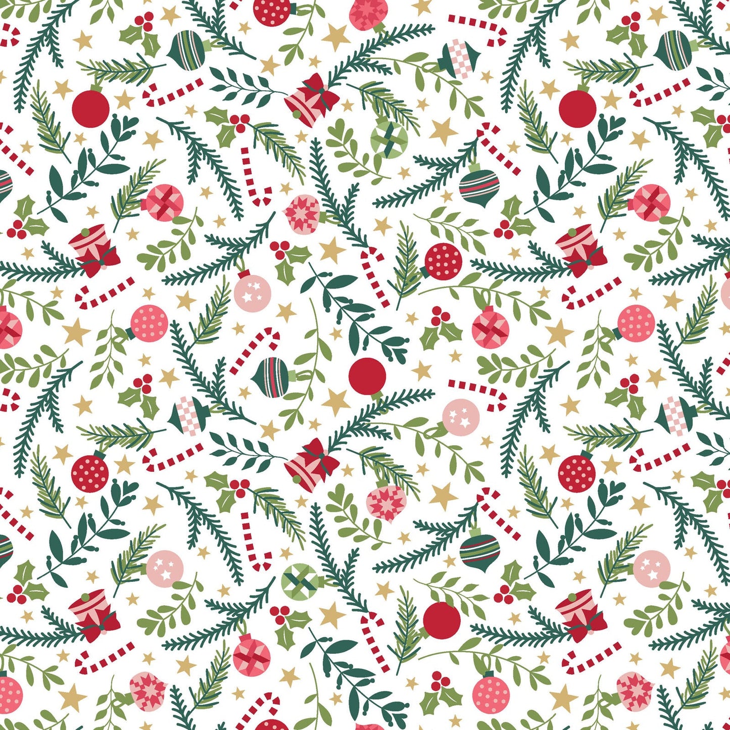 The Ornaments print from the A Quilty Little Christmas line by Kimberbell for Maywood Studio features a variety of shaped ornaments, bows, and bells in the colors of the season. The Ornaments print is available in Green (MAS10576-G) and White (MAS10576-W) backgrounds.