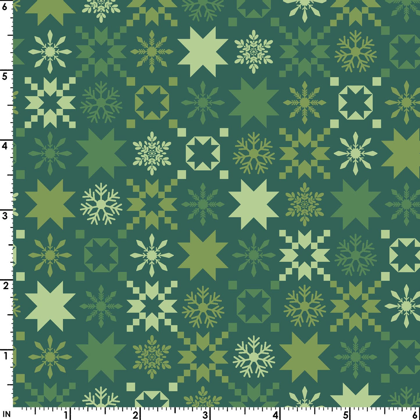 The Snowflakes print from the A Quilty Little Christmas line by Kimberbell for Maywood Studio features snowflakes set in a variety of sizes and squares . The Snowflakes print is available in Green (MAS10577-G) and Red (MAS10577-R) backgrounds. Image shows fabric with a ruler to show scale of print.