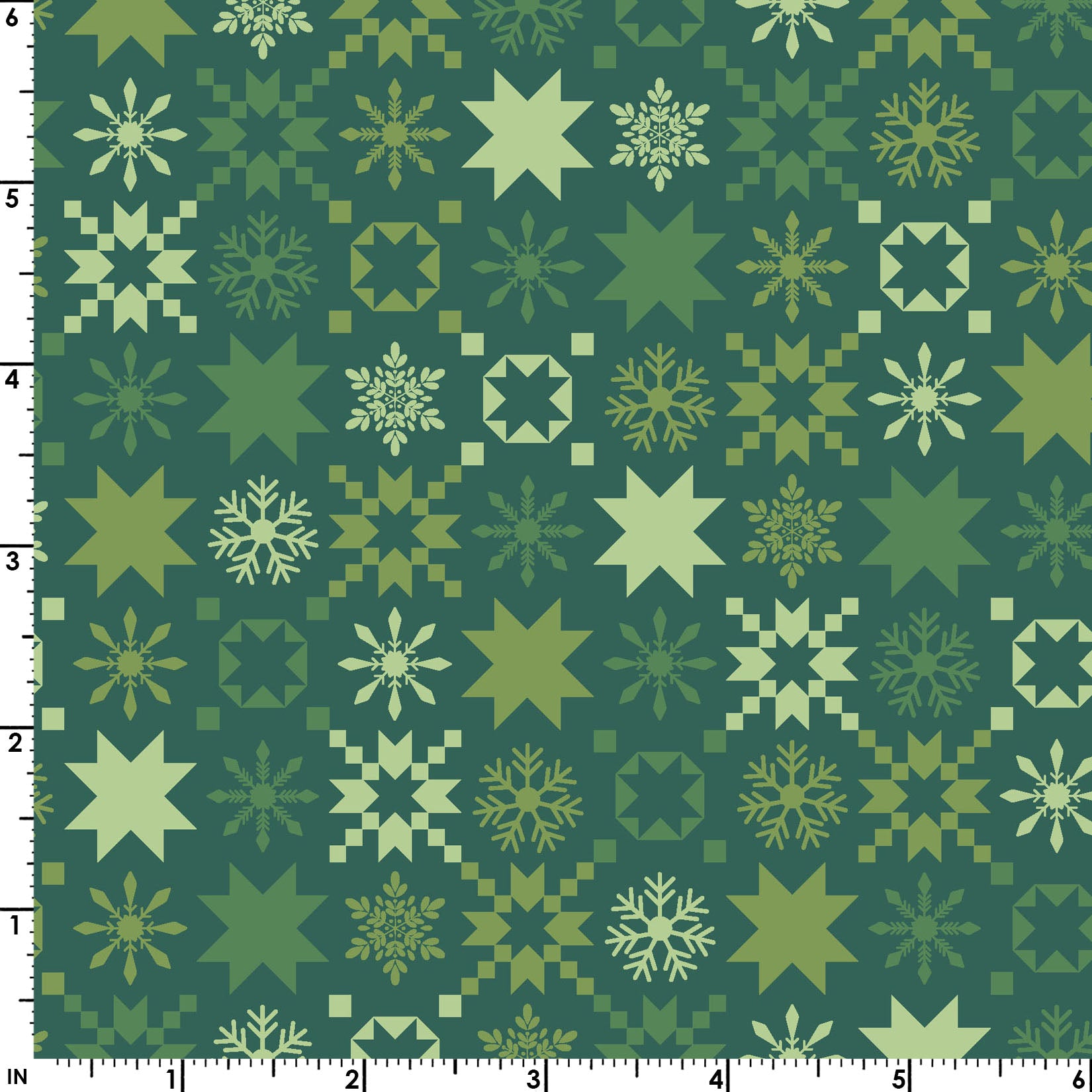 The Snowflakes print from the A Quilty Little Christmas line by Kimberbell for Maywood Studio features snowflakes set in a variety of sizes and squares . The Snowflakes print is available in Green (MAS10577-G) and Red (MAS10577-R) backgrounds. Image shows fabric with a ruler to show scale of print.