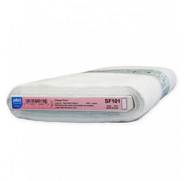 Pellon® SF101 Shape-Flex® is an all purpose, woven, fusible interfacing. It provides crisp support for collars, cuffs, yokes, pockets, facings, and other detail areas of a garment. It can also add body and permanent stability when used as a backing for needlework and punch embroidery. Photo shows the white woven interfacing on the bolt.