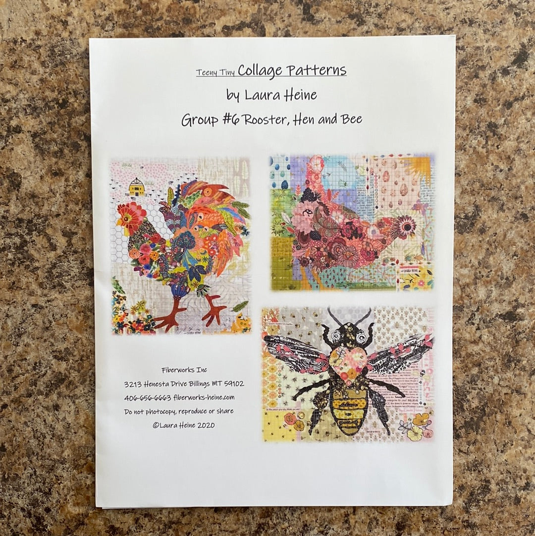 The front cover of Teen Tiny Collage Patterns Group 6 pattern book, featuring a Rooster, Hen and Bee.