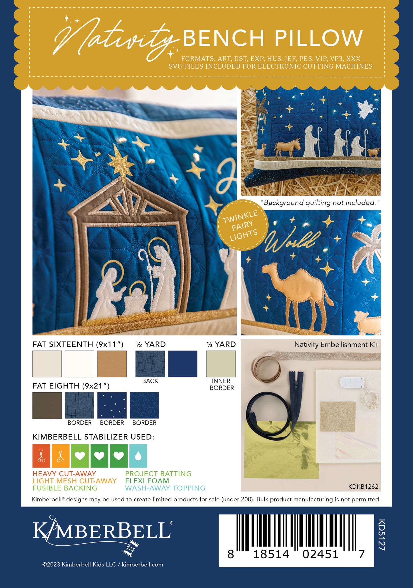 Celebrate the season with Kimberbell’s Nativity Bench Pillow (KD5127)! The holy family is safely ensconced in an applique stable, while Fairy Lights twinkle in the starry night sky. Shepherds and wise men are coming to greet them, a shimmering glitter star and angel guiding their way! Photo shows detail of the finished pillow, fabric requirements, necessary stabilizers, and required embellishments on the back cover of the product.