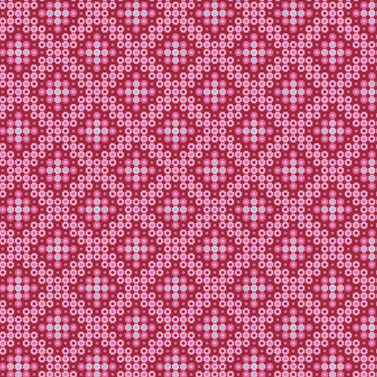 Crossweave in fuschia (13266-24)  is from Stitchy by Christa Watson for Benartex. The crossweave print features pixelated shapes in shades of pink ranging from pale pink to red, with a hint of blue. The geometric pattern creates a striking contrast to the modern blenders presented in the rest of the line, and provides a balanced texture and interest to your project.