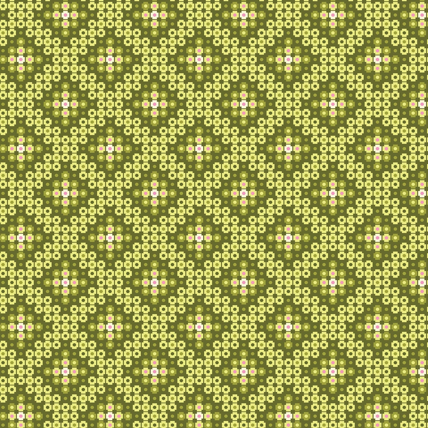 Crossweave in green (13266-43) is from Stitchy by Christa Watson for Benartex. The crossweave print features pixelated shapes in shades of green ranging from chartruese to olive, with a hint of turquoise and pink. The geometric pattern creates a striking contrast to the modern blenders presented in the rest of the line, and provides a balanced texture and interest to your project.