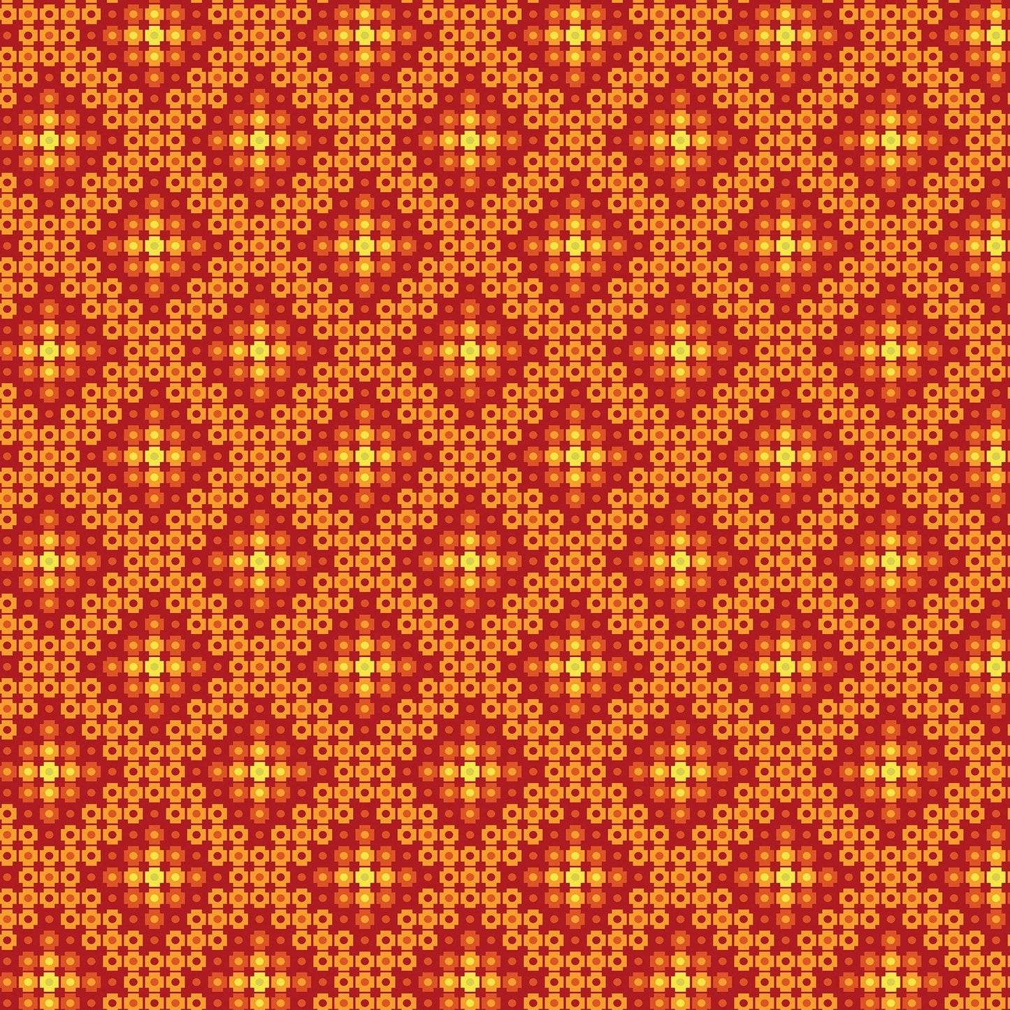 Crossweave in tangerine (13266-38) is from Stitchy by Christa Watson for Benartex. The crossweave print features pixelated shapes in shades of orange, with a hint of yellow and green. The geometric pattern creates a striking contrast to the modern blenders presented in the rest of the line, and provides a balanced texture and interest to your project.
