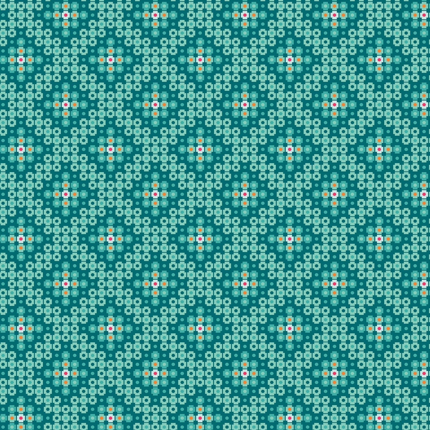 Crossweave in teal (13266-83) is from Stitchy by Christa Watson for Benartex. The crossweave print features pixelated shapes in shades of teal, with a hint of orange. The geometric pattern creates a striking contrast to the modern blenders presented in the rest of the line, and provides a balanced texture and interest to your project.