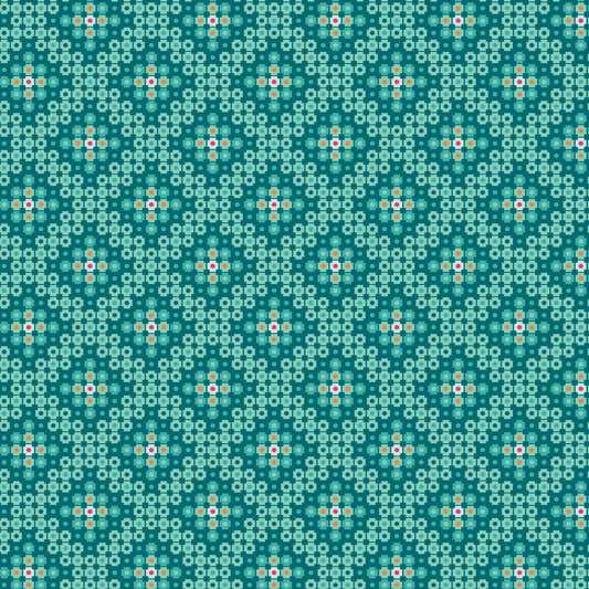 Crossweave in teal (13266-83)  is from Stitchy by Christa Watson for Benartex. The crossweave print features pixelated shapes in shades of teal, with a hint of orange. The geometric pattern creates a striking contrast to the modern blenders presented in the rest of the line, and provides a balanced texture and interest to your project.