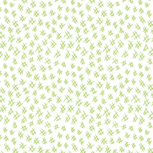 Hashtags in lime and white (13263-40)  is from Stitchy by Christa Watson for Benartex. The hashtags print features a white background with lime hashtags to provide a light tone for the collection and will serve well as a background fabric, a contrast fabric, or any where the eye needs to rest in your project.