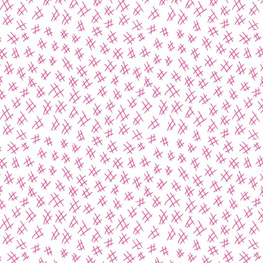 Hashtags in fuschia and white (13263-22)  is from Stitchy by Christa Watson for Benartex. The hashtags print features a white background with fuschia hashtags to provide a light tone for the collection and will serve well as a background fabric, a contrast fabric, or any where the eye needs to rest in your project.