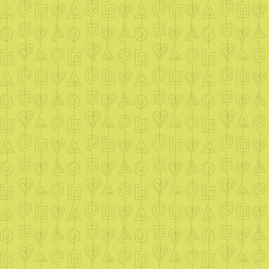 Stitches in lime (13264-41) is from Stitchy by Christa Watson for Benartex. The stitches print features tone-on-tone stitch lines based on Christa's free motion quilting pattern, Geometric Chains, from her book, 99 Machine-Quilting Designs. This fun pattern would be ideal as an accent in any project, but it is also perfect for practicing free motion quilting as a pattern from the front, or as a backing for a fun edge-to-edge pattern on the front.