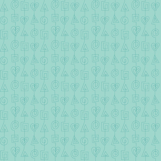 Stitches in turquoise (13264-81) is from Stitchy by Christa Watson for Benartex. The stitches print features tone-on-tone stitch lines based on Christa's free motion quilting pattern, Geometric Chains, from her book, 99 Machine-Quilting Designs. This fun pattern would be ideal as an accent in any project, but it is also perfect for practicing free motion quilting as a pattern from the front, or as a backing for a fun edge-to-edge pattern on the front.