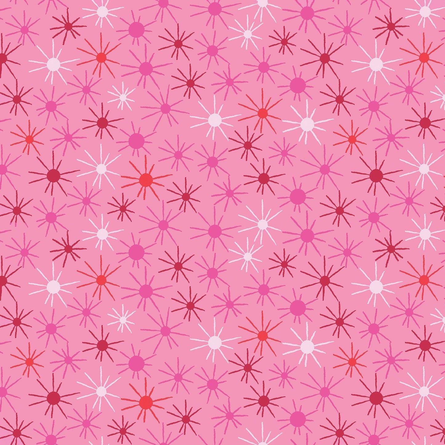 Sunny Day in fuschia (13265-23) is from Stitchy by Christa Watson for Benartex. This print captures the joy of making beautiful things with fabric and thread while the day is young and full or possibilities. It features tone-on-tone and coordinated sunbursts in shades of pink ranging from pale pink to red, with a hint of blue to brighten up any project.