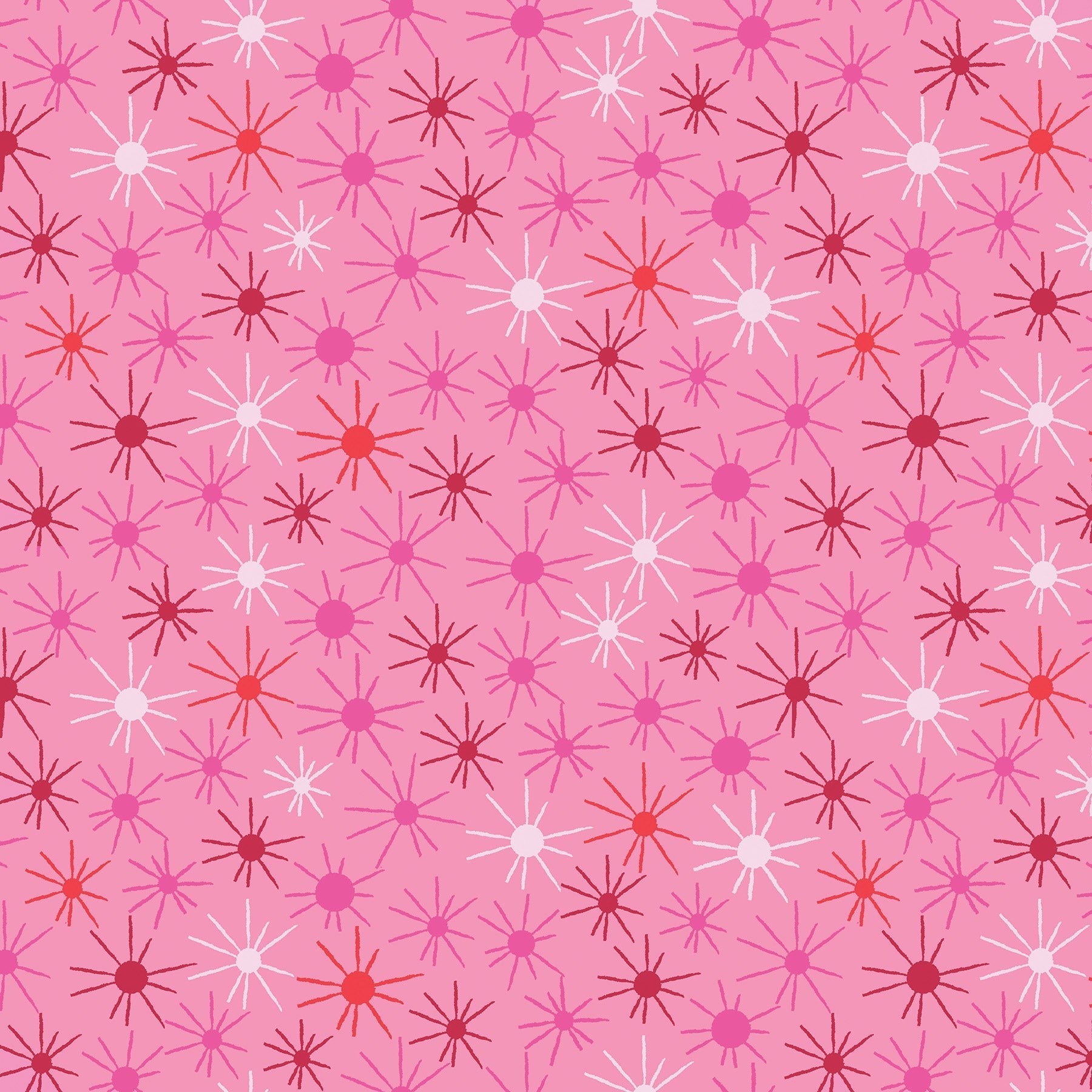 Sunny Day in fuschia (13265-23) is from Stitchy by Christa Watson for Benartex. This print captures the joy of making beautiful things with fabric and thread while the day is young and full or possibilities. It features tone-on-tone and coordinated sunbursts in shades of pink ranging from pale pink to red, with a hint of blue to brighten up any project.