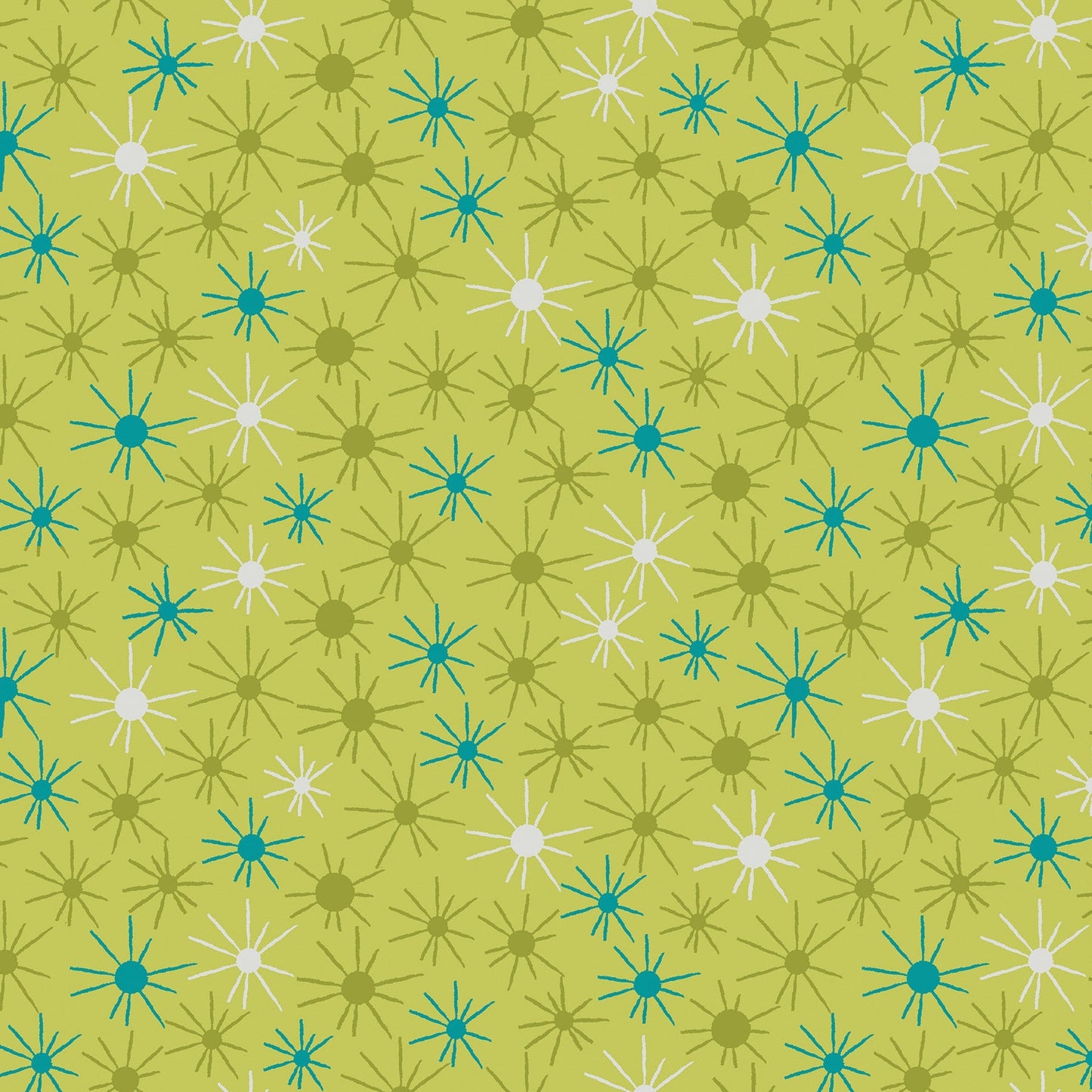 Sunny Day in green (13265-42) is from Stitchy by Christa Watson for Benartex. This print captures the joy of making beautiful things with fabric and thread while the day is young and full or possibilities. It features tone-on-tone and coordinated sunbursts  in shades of green ranging from chartruese to olive, with a hint of turquoise and pink to brighten up any project.