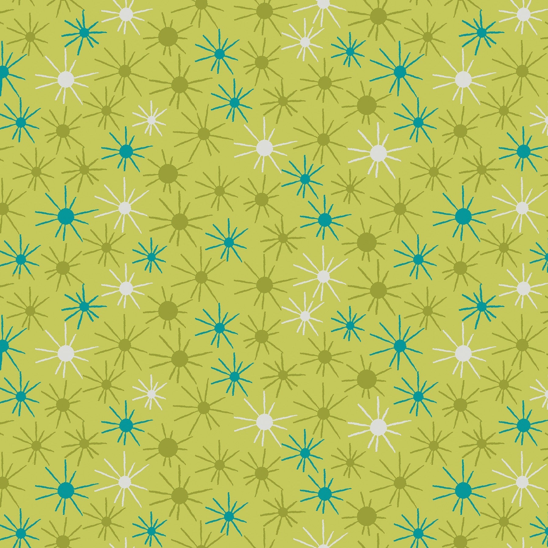 Sunny Day in green (13265-42) is from Stitchy by Christa Watson for Benartex. This print captures the joy of making beautiful things with fabric and thread while the day is young and full or possibilities. It features tone-on-tone and coordinated sunbursts  in shades of green ranging from chartruese to olive, with a hint of turquoise and pink to brighten up any project.