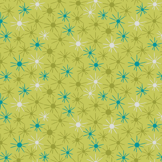  Sunny Day in green (13265-42) is from Stitchy by Christa Watson for Benartex. This print captures the joy of making beautiful things with fabric and thread while the day is young and full or possibilities. It features tone-on-tone and coordinated sunbursts  in shades of green ranging from chartruese to olive, with a hint of turquoise and pink to brighten up any project. 