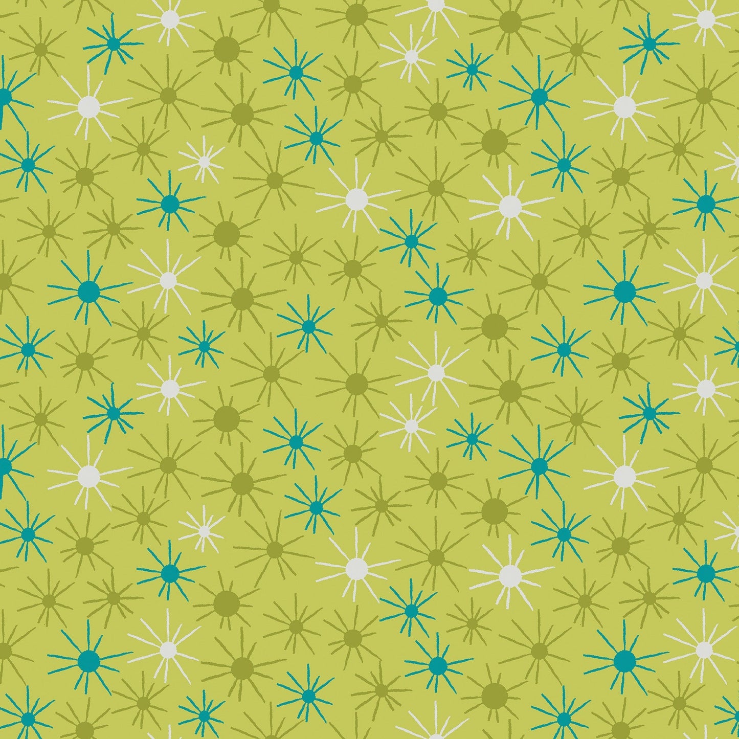  Sunny Day in green (13265-42) is from Stitchy by Christa Watson for Benartex. This print captures the joy of making beautiful things with fabric and thread while the day is young and full or possibilities. It features tone-on-tone and coordinated sunbursts  in shades of green ranging from chartruese to olive, with a hint of turquoise and pink to brighten up any project. 