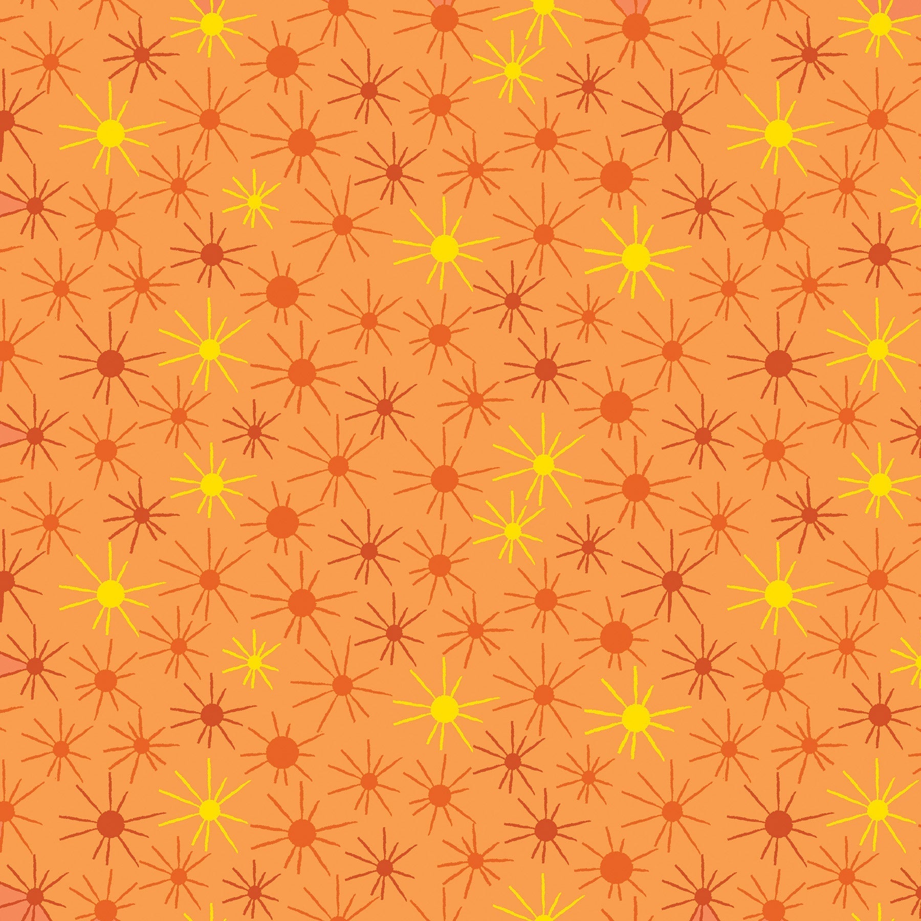 Sunny Day in orange (13265-37) is from Stitchy by Christa Watson for Benartex. This print captures the joy of making beautiful things with fabric and thread while the day is young and full or possibilities. It features tone-on-tone and coordinated sunbursts in shades of orange, with a hint of yellow and green to brighten up any project.