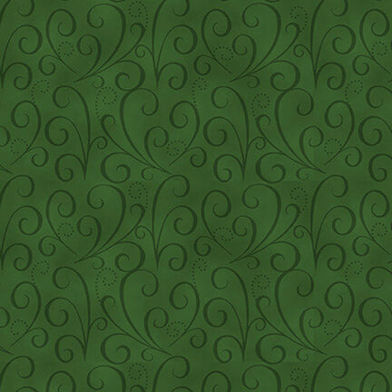 Dancing Ribbons in green from the Holiday Heartland collection by Jan Shade Beach for Henry Glass Fabrics is a dark green tone on tone print. Add the perfect texture to your holiday or anytime quilt with this dark green blender fabric with fancy cut ribbons on it.