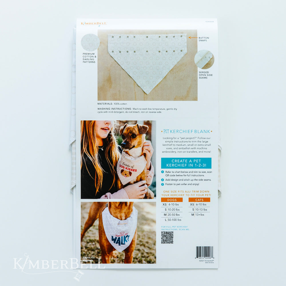 The Pet Kerchief Blanks by Kimberbell are the perfect blank for a “pet project?” Each kerchief has button snaps and serged open seams. Each pack of two is made from premium cotton with darling patterns and is available in either Tan & White (KDKB248) or Grey & White (KDKB247).