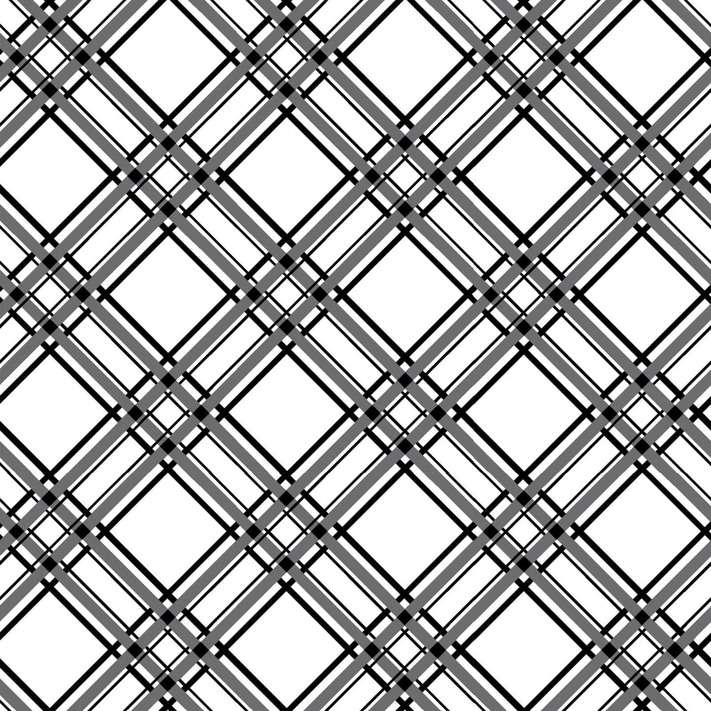 Diagonal Plaid in black and white (MAS8244-K) is part of the Kimberbell Basics line designed by Kim Christopherson for Maywood Studio. This fabric features black plaid stripes on the diagonal over a white background to add variety to your project. As part of the Kimberbell Basics line, it compliments other fabrics in the line.