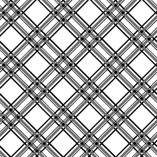 Diagonal Plaid in black and white (MAS8244-K) is part of the Kimberbell Basics line designed by Kim Christopherson for Maywood Studio. This fabric features black plaid stripes on the diagonal over a white background to add variety to your project. As part of the Kimberbell Basics line, it compliments other fabrics in the line.